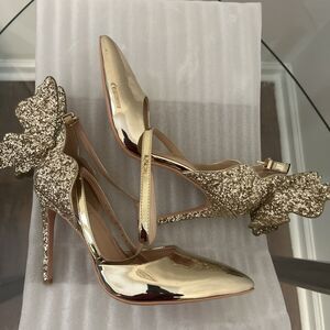 FINDVELL Gold Metallic Ankle Strap Heels Wing Back Stiletto Pumps Sz 10